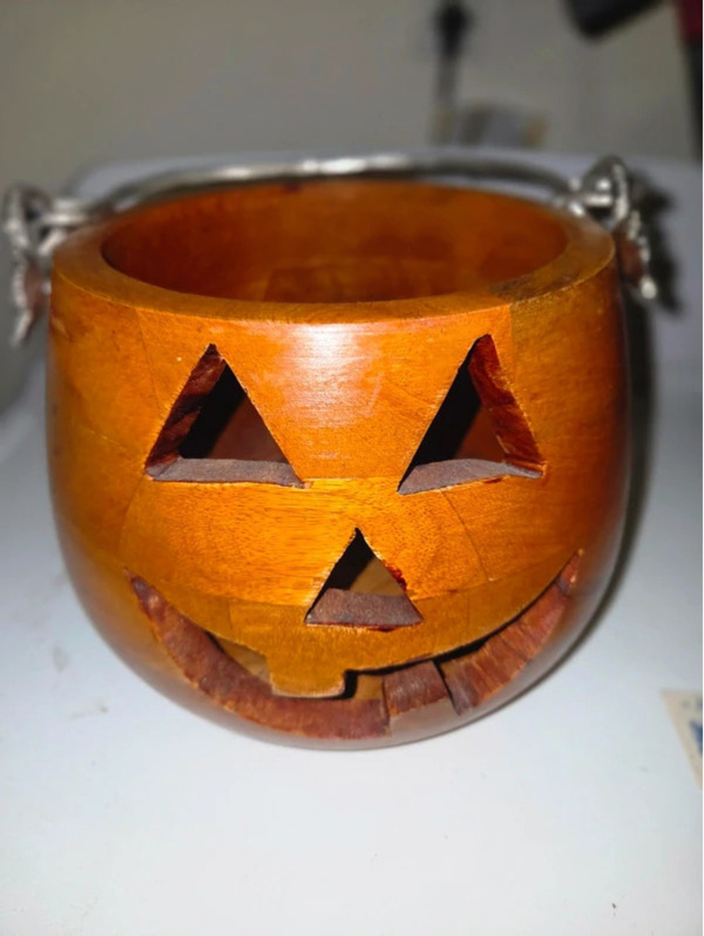 Wood carved jack of lanter pumpkin candy